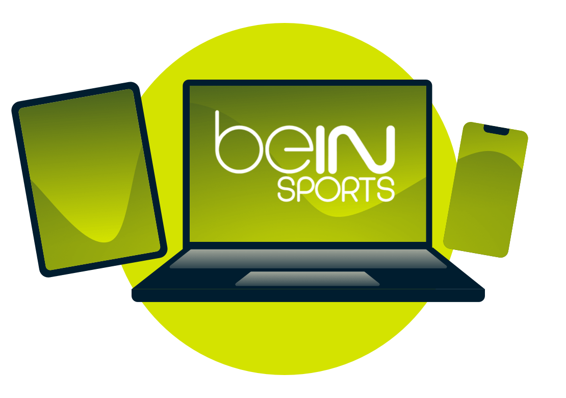 Kannettava tietokone, tabletti ja puhelin, joissa on Bein-logo.